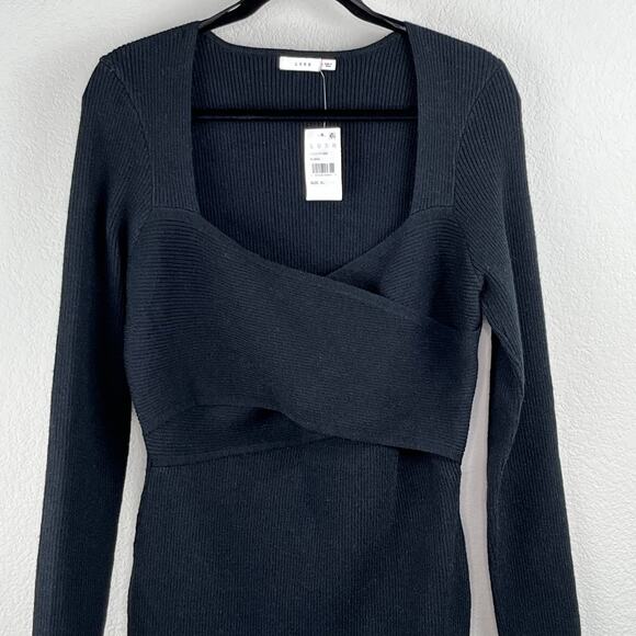 Lush Black Ribbed Knit Long Sleeve Crossover Mini Sweater Dress Large NWT - Picture 5 of 11